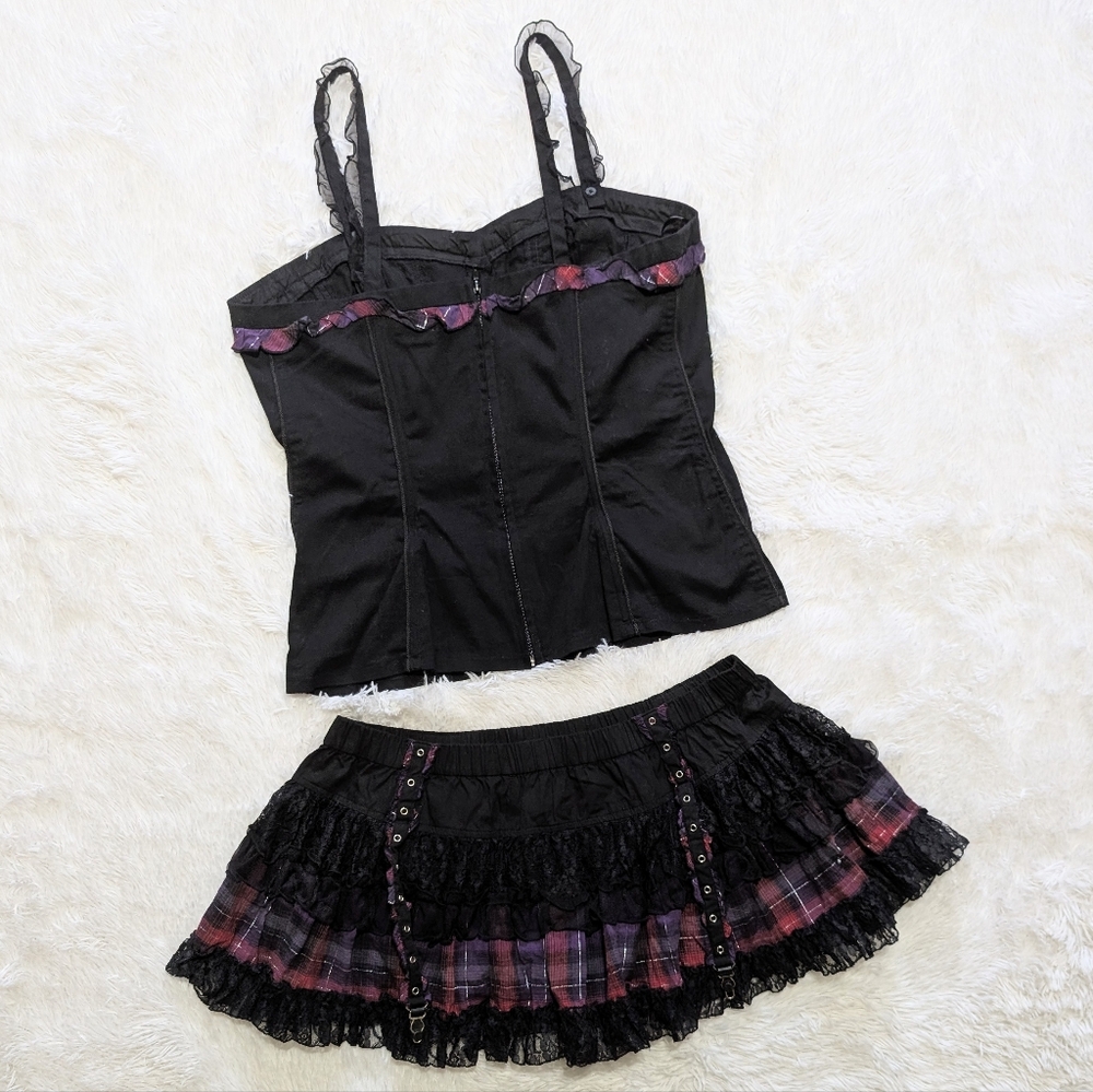 Y2K Vintage Tripp NYC 2 Piece Lace Up Corset & Garter Skirt Plaid Set XL/XXL - Picture 7 of 16